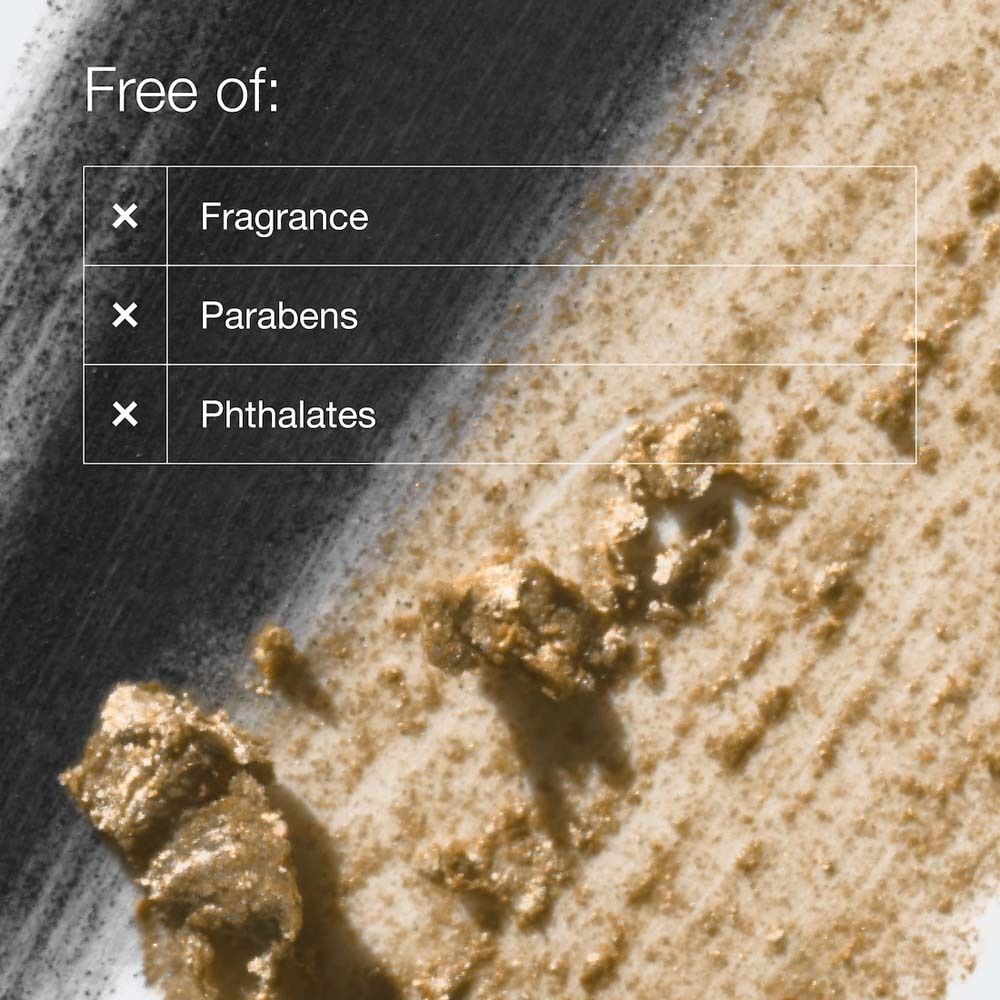 Échantillons de texture de fard à paupières noir et or; liste des ingrédients.