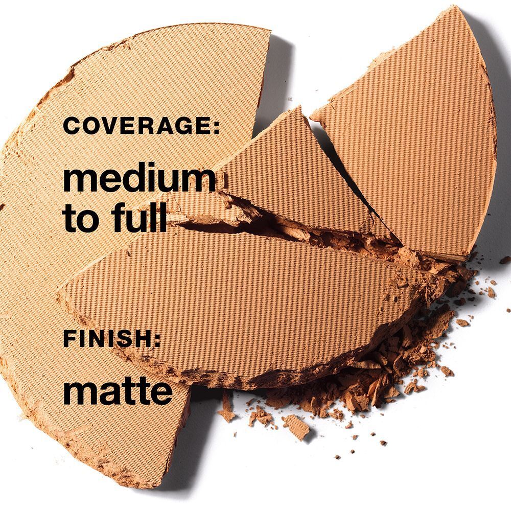 Poudre beige clair rainurée, brisée. Texte : 'coverage: medium to full', 'finish: matte'.