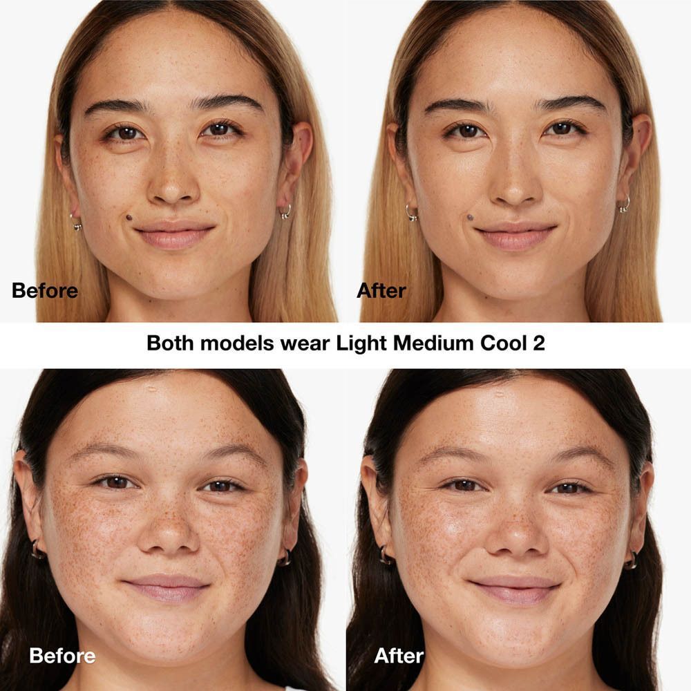 Comparaison avant/après de deux femmes portant Clinique Even Better Clinical Vitamin Makeup SPF 50 Light Medium Cool 2.