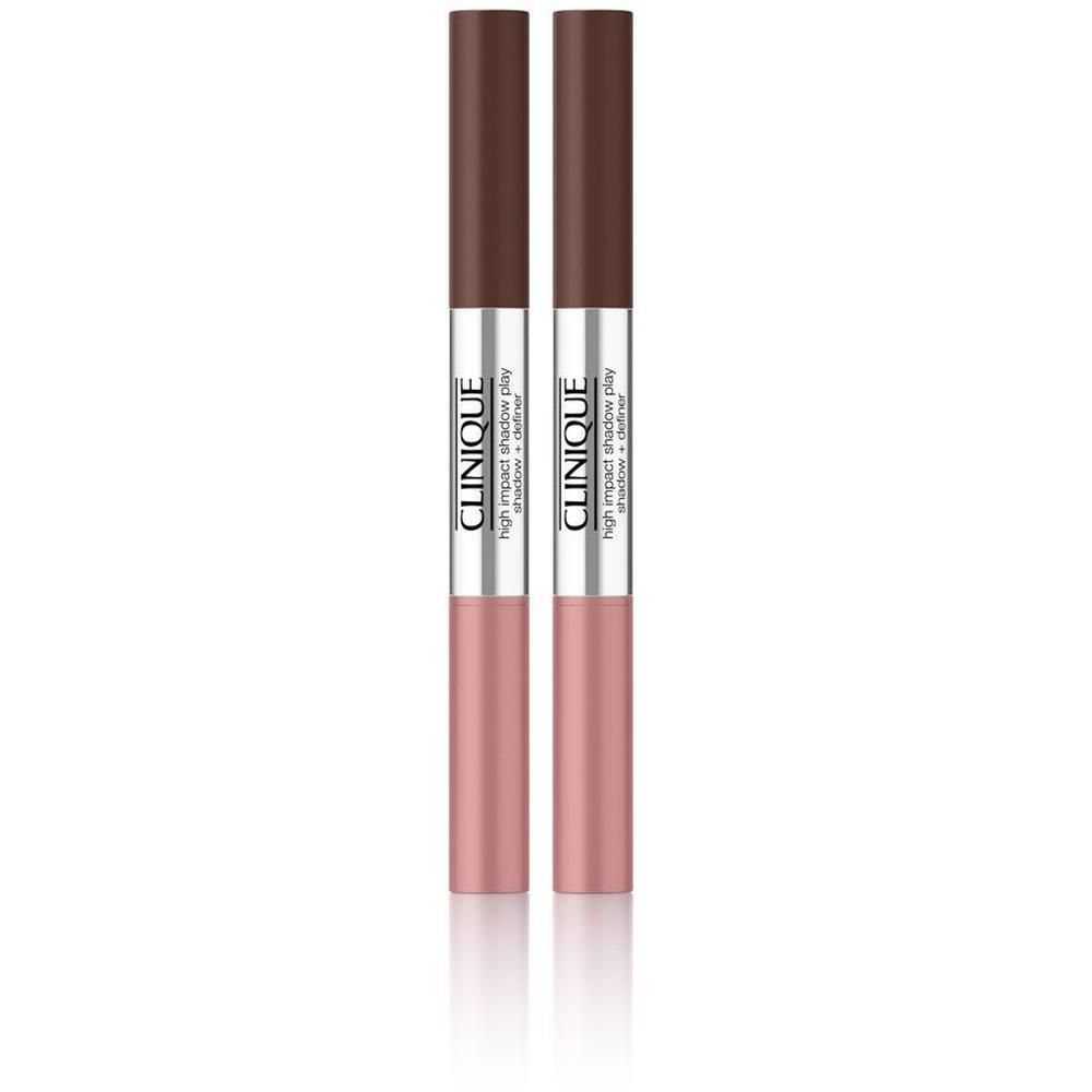Zwei Clinique High Impact Shadow Play Stifte in Braun- und Rosatönen.