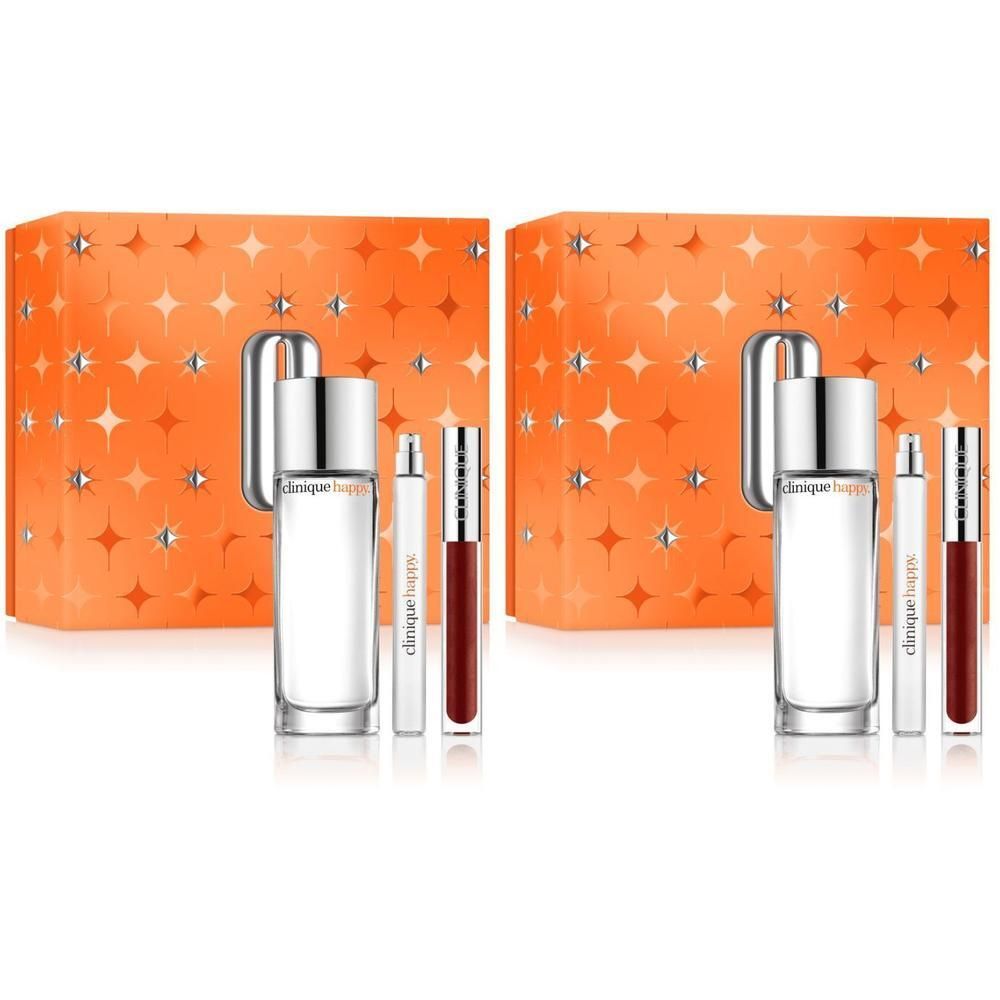 Coffret de parfum Clinique Happy avec flacon 100ml, vaporisateur et rouge à lèvres.