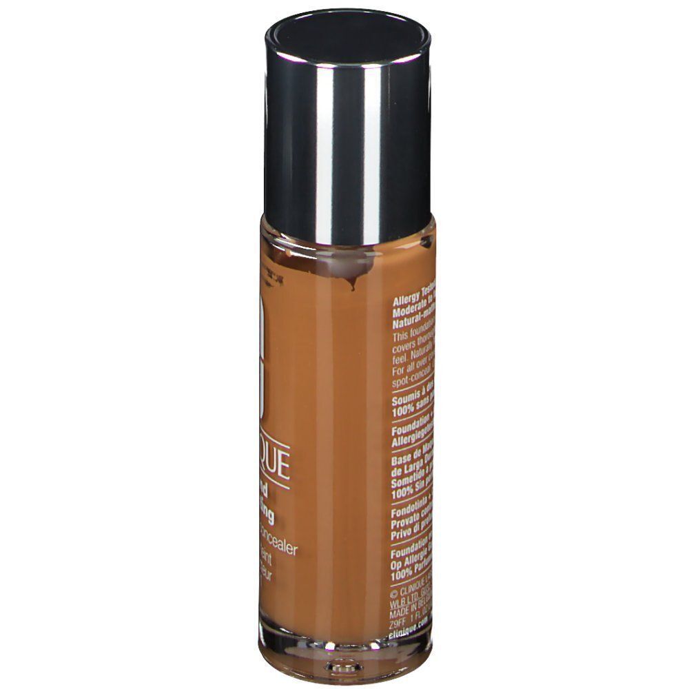 Rückseite einer Flasche CLINIQUE Beyond Perfecting Foundation + Concealer, 23 Ginger. Allergiegetestet.