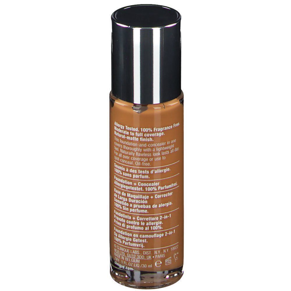 Rückseite einer Flasche CLINIQUE Beyond Perfecting Foundation + Concealer, 23 Ginger. 100% parfümfrei.