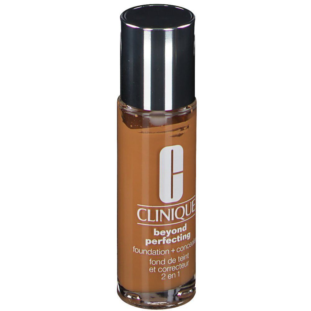Vorderseite einer Flasche CLINIQUE Beyond Perfecting Foundation + Concealer, 23 Ginger. 2-in-1-Formel.