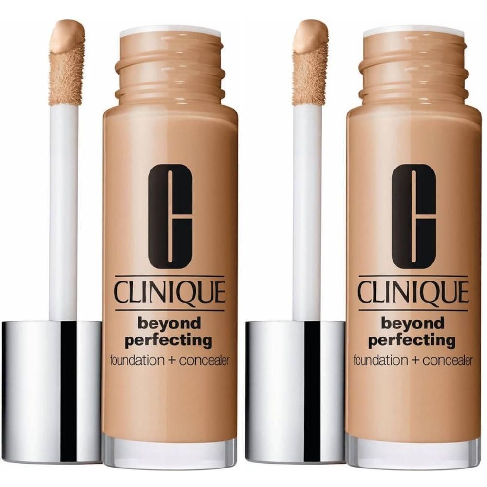 Zwei Flaschen CLINIQUE Beyond Perfecting Foundation + Concealer in Beige mit Applikatoren.
