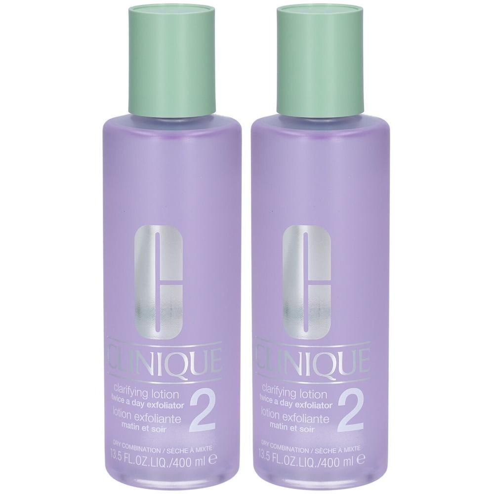Deux flacons de Clinique Clarifying Lotion 2, 400 ml.