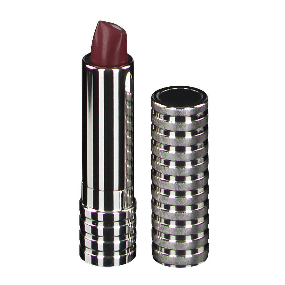 Ein CLINIQUE Lippenstift in silberner Hülse, Kappe daneben, Farbe 'A Different Grape'.