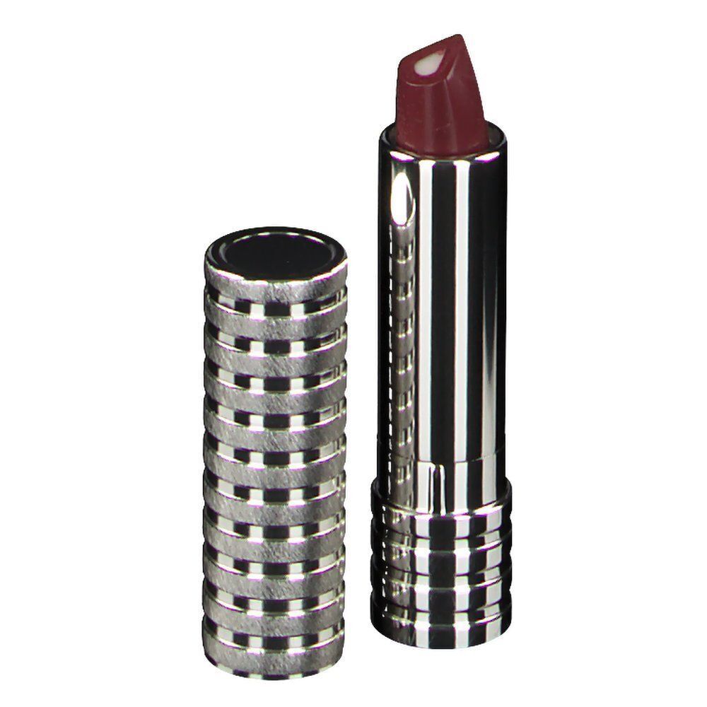 Ein CLINIQUE Lippenstift, Kappe daneben, Farbe 'A Different Grape'.