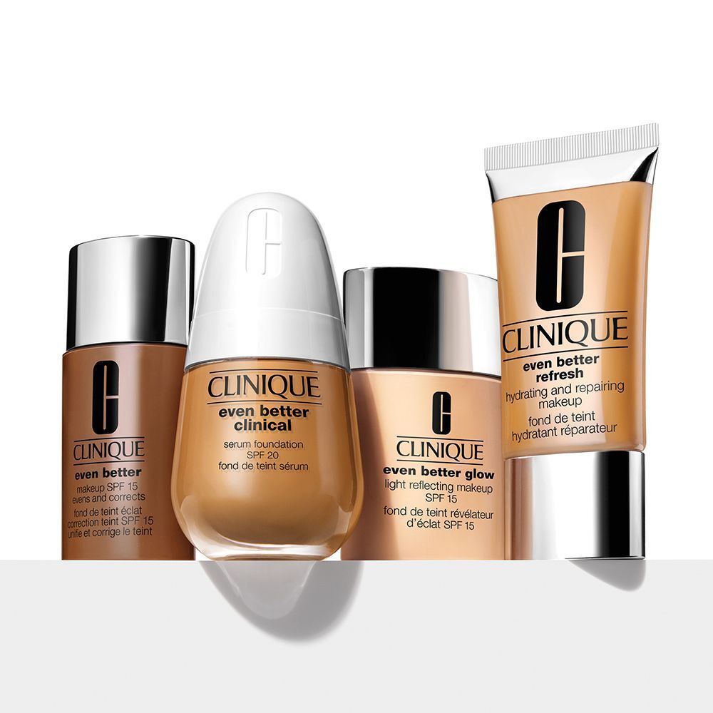Kollektion von CLINIQUE Even Better Foundations: Serum, Makeup, Glow und Hydrating Repair.