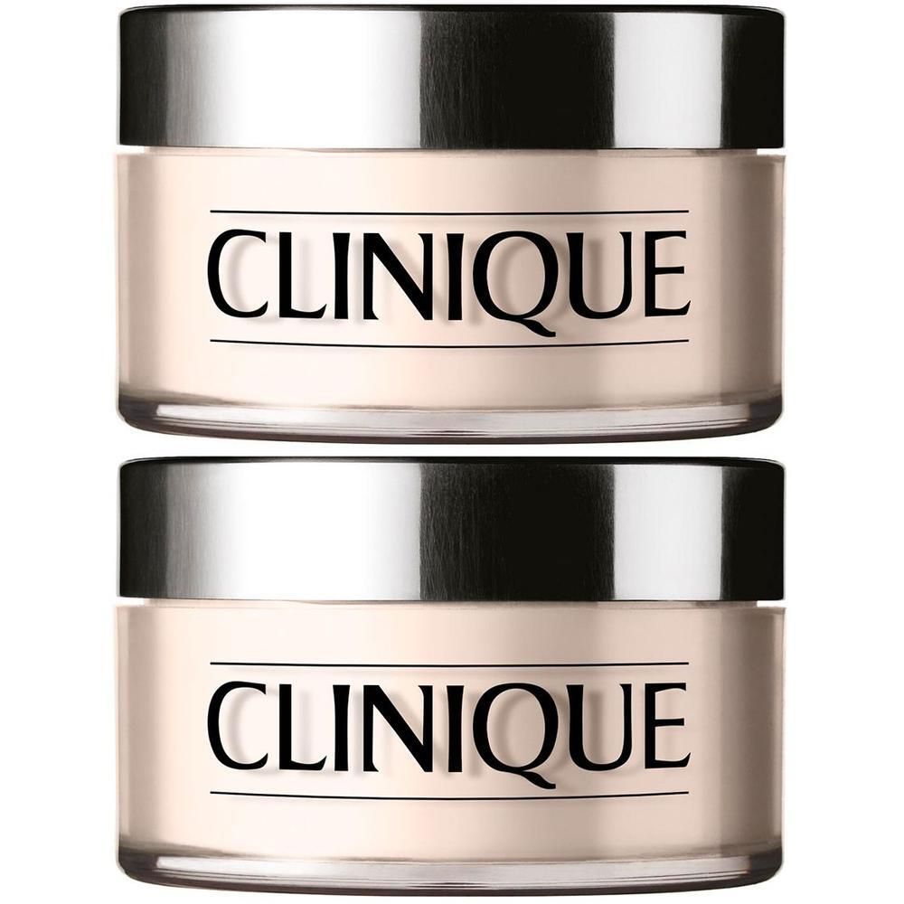 Deux pots de poudre Clinique avec couvercles argentés, côte à côte sur fond blanc.