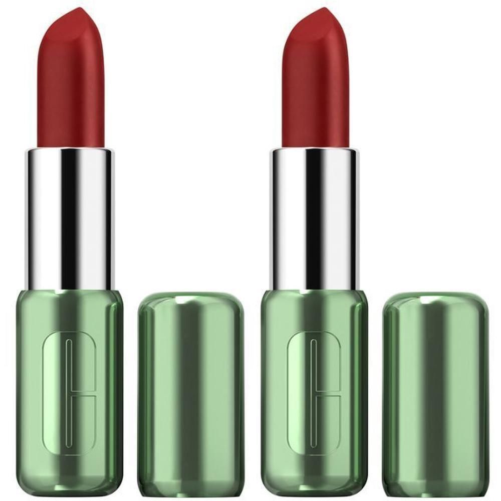 Deux rouges à lèvres Clinique PopTM Longwear rouges, avec capuchons argentés et corps verts.