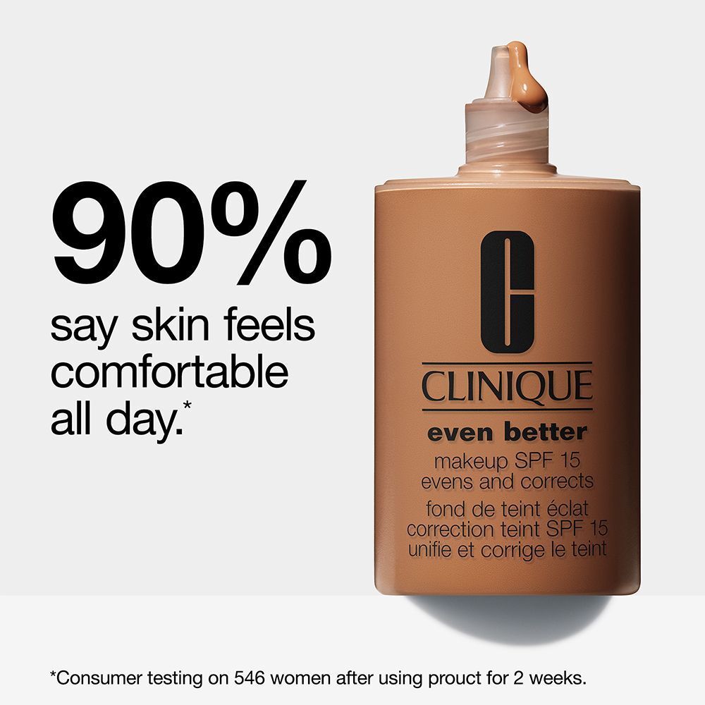 Flasche Clinique Even Better Makeup SPF 15 mit Text über Hautkomfort.