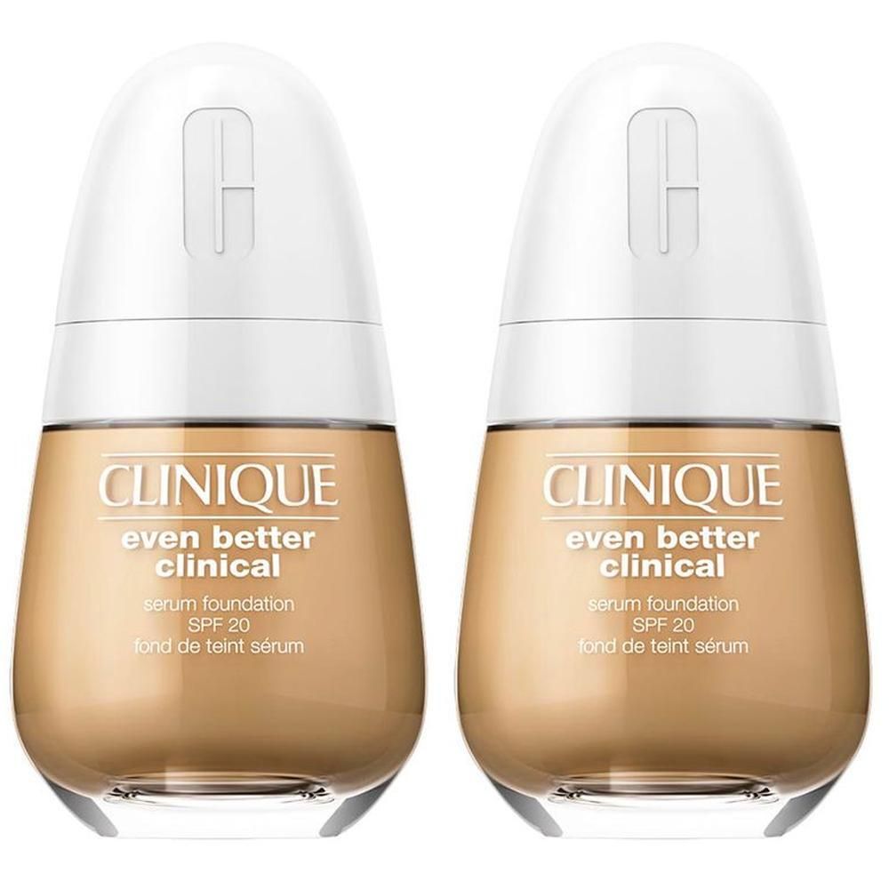 Deux flacons de fond de teint sérum Clinique Even Better Clinical SPF 20, teinte Sand.