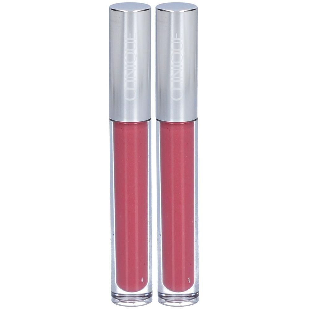 Zwei Clinique Pop Plush Lippenstifte in Rosa mit silbernen Kappen.