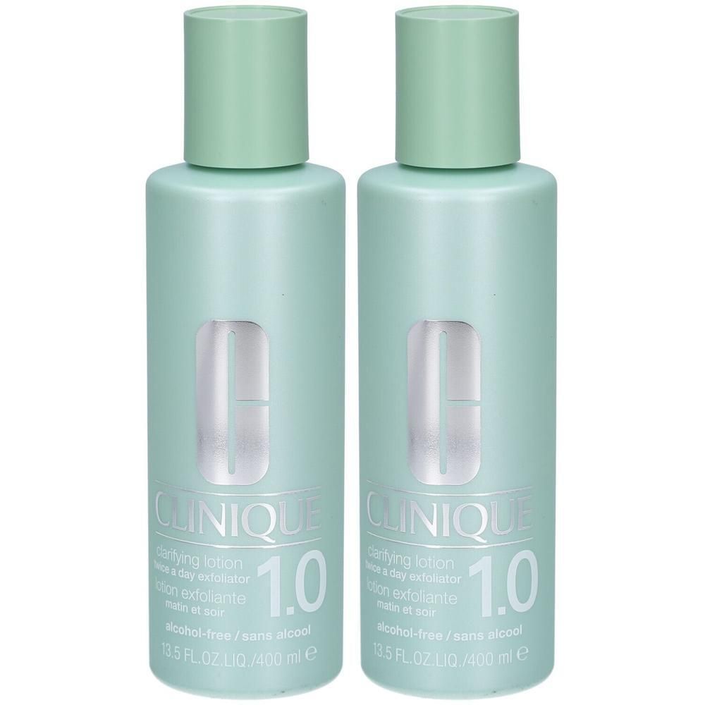 Deux flacons Clinique Clarifying Lotion 1.0, vert pâle, avec logo argenté et texte.