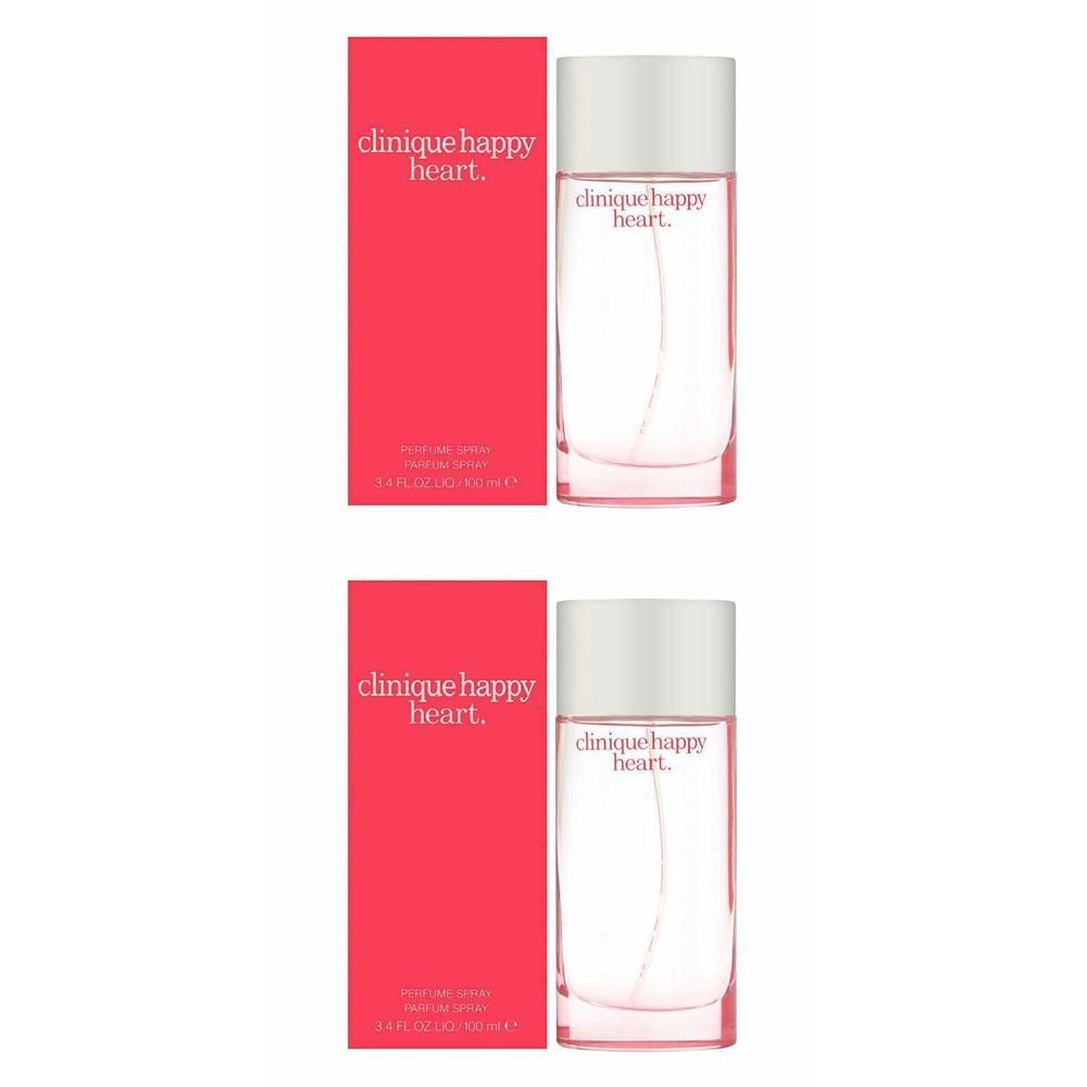 Zwei Flakons Clinique Happy Heart Eau de Parfum mit roten Kartons. Klare Glasflaschen mit weißem Verschluss.