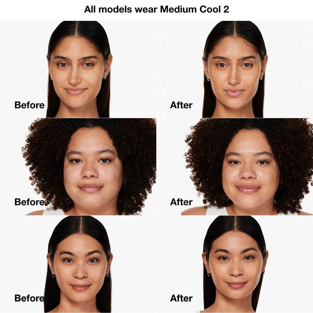 Vorher/Nachher-Vergleich von drei Frauen mit Clinique Even Better Clinical Vitamin Makeup SPF 50.