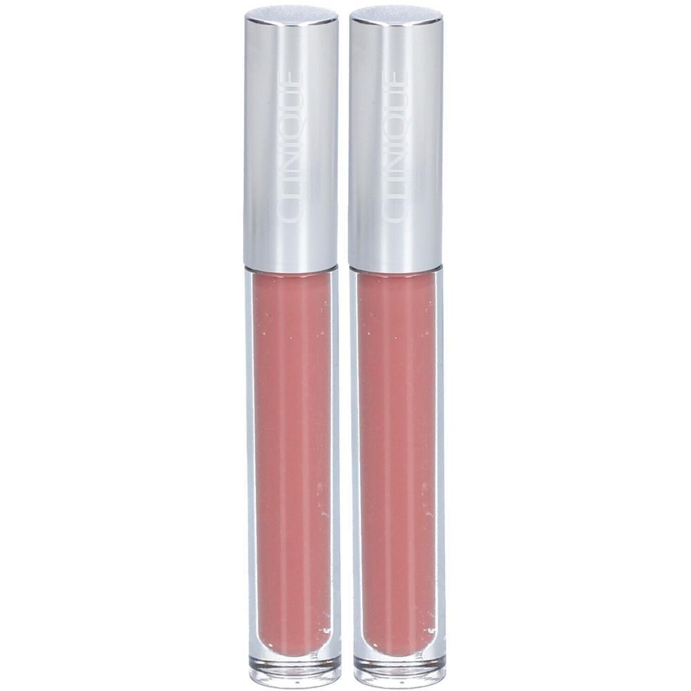 Deux rouges à lèvres Clinique Pop Plush roses avec capuchons argentés.