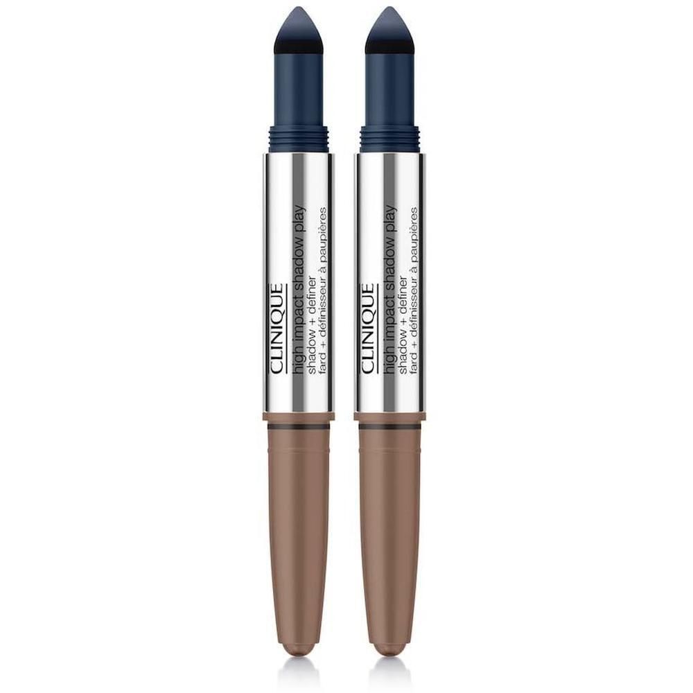 Zwei Clinique High Impact Shadow Play Stifte in Silber und Braun.