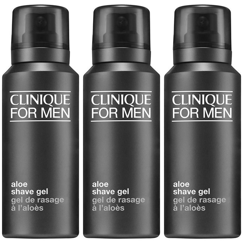 Drei Flaschen CLINIQUE FOR MEN Aloe Shave Gel nebeneinander.