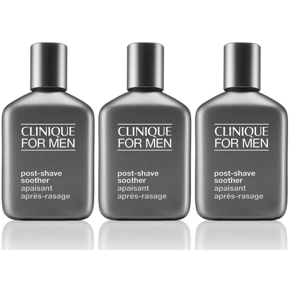 Trois flacons Clinique for Men Post-Shave Soother gris foncé avec inscription argentée.