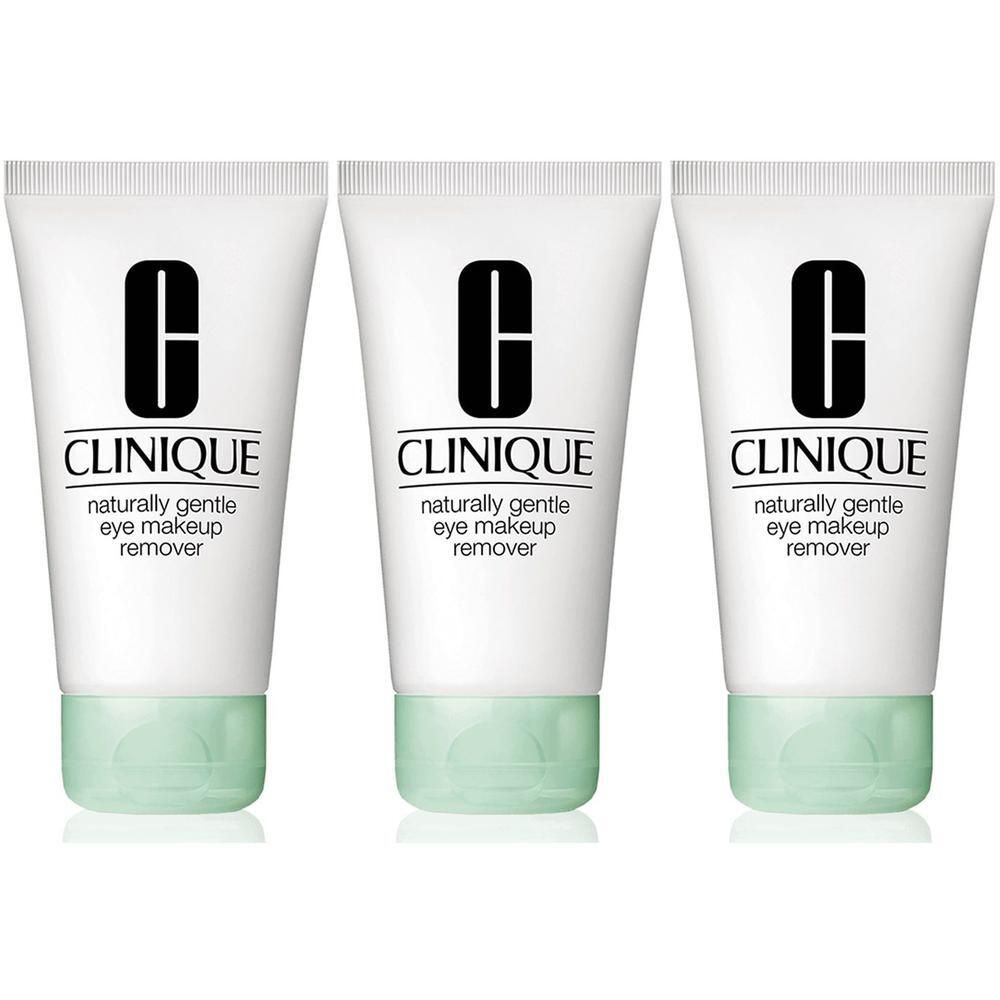 Trois tubes de démaquillant doux pour les yeux CLINIQUE Naturally Gentle, boîtier blanc, bouchon vert clair.