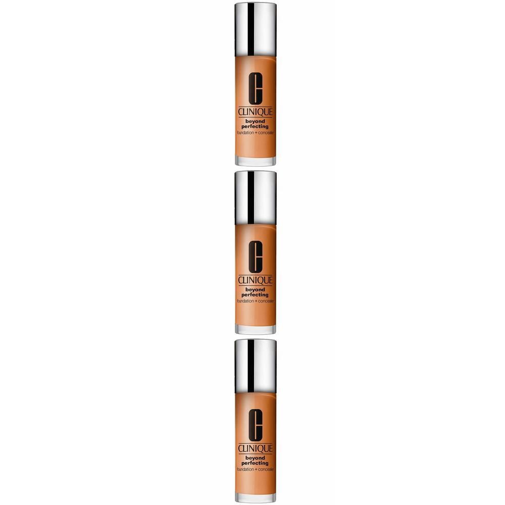 Drei Flaschen Clinique Beyond Perfecting Foundation + Concealer in der Farbe 23 Ginger, vertikal gestapelt.