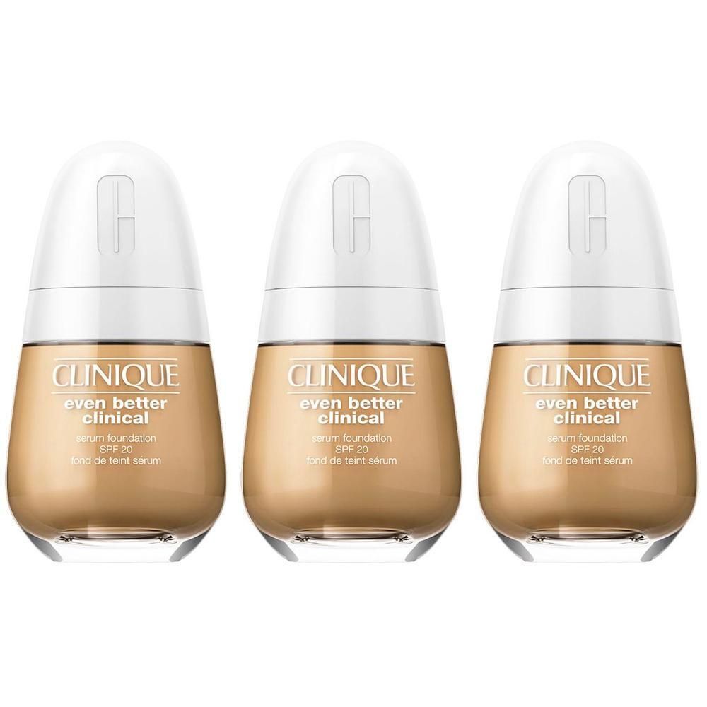 Trois flacons de fond de teint sérum CLINIQUE Even Better Clinical SPF 20, teinte Sand.