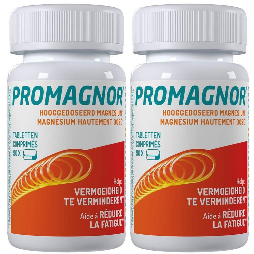 Zwei Flaschen Promagnor hochdosiertes Magnesium, Tabletten, 90 Stück.