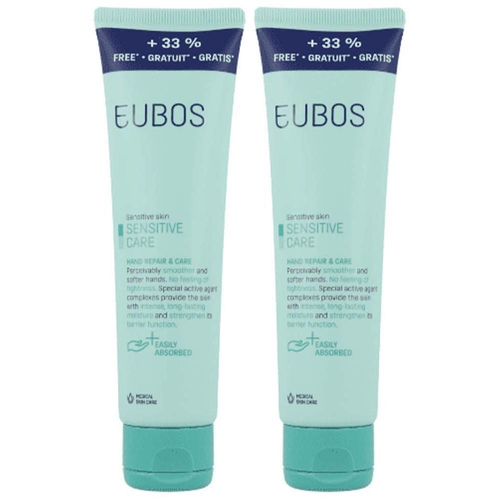 Zwei EUBOS Hand Repair & Care Cremetuben für empfindliche Haut, mit '+33% gratis' Aufdruck.