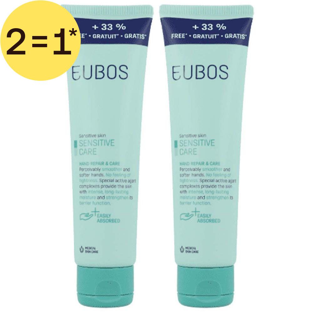 Deux tubes de crème EUBOS Hand Repair & Care pour peaux sensibles, avec mention '+33% gratuit'.