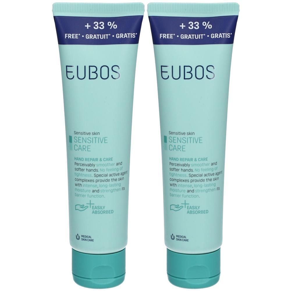 Zwei EUBOS Hand Repair & Care Cremetuben für empfindliche Haut.