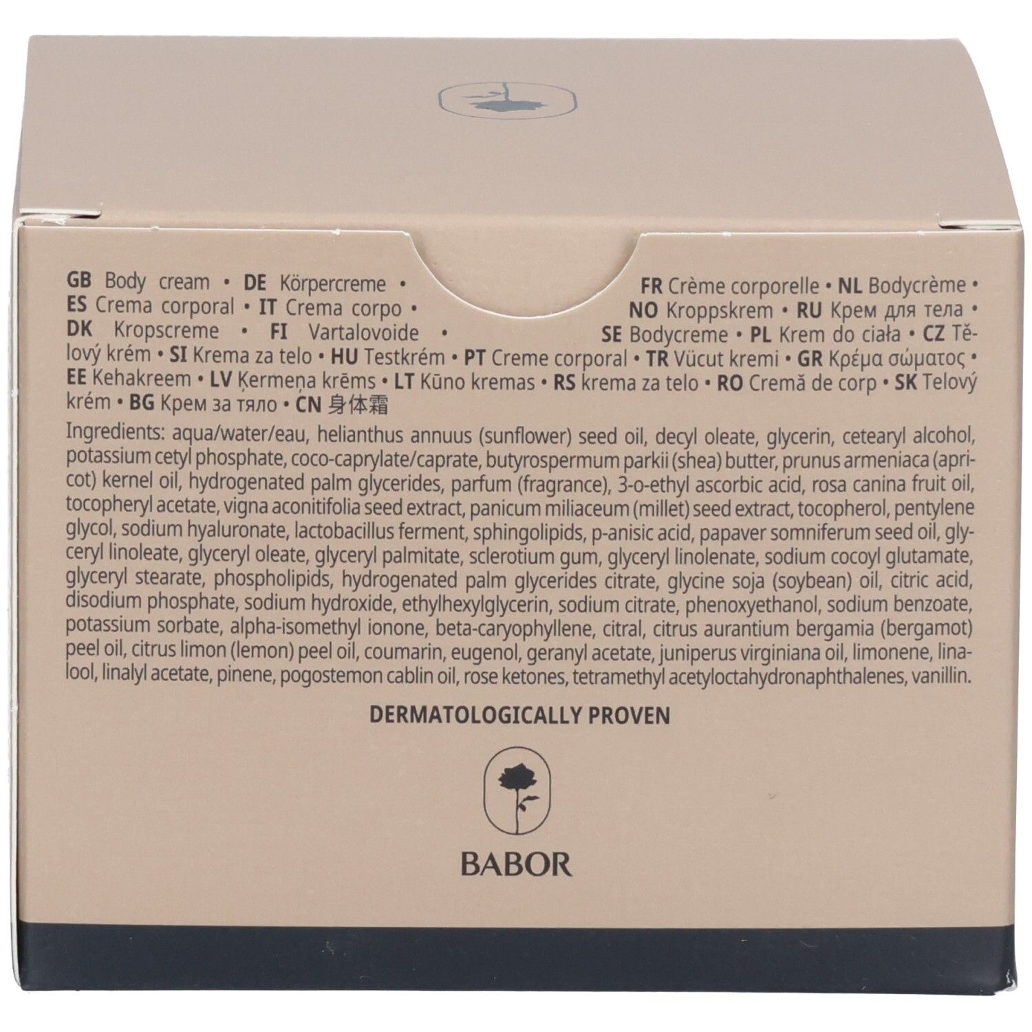 Babor Soul & Body ACE Cream Verpackung mit Inhaltsstoffen und Zertifizierungen.