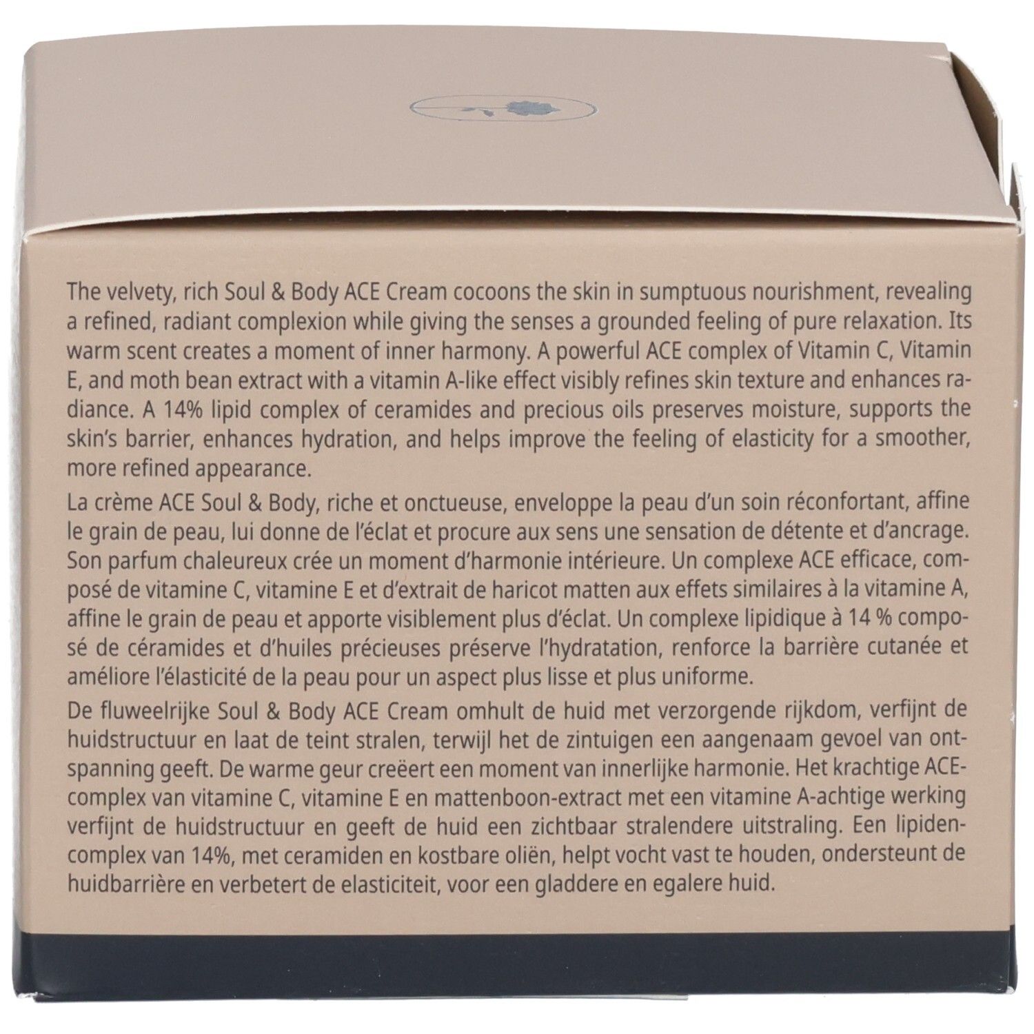 Babor Soul & Body ACE Cream Verpackung mit Produktbeschreibung auf Englisch, Französisch und Niederländisch.