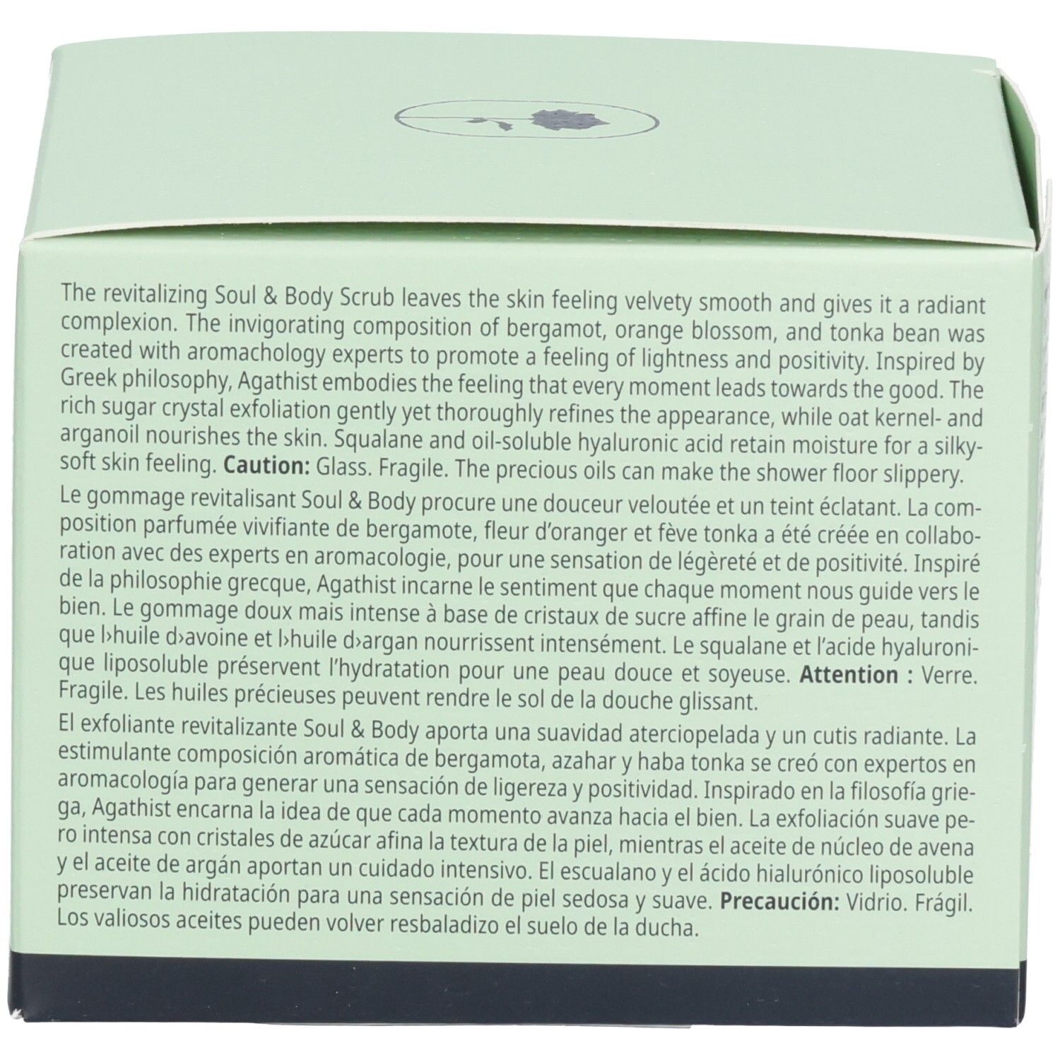 BABOR Soul & Body Scrub Agathist Verpackung mit Produktbeschreibung in mehreren Sprachen.