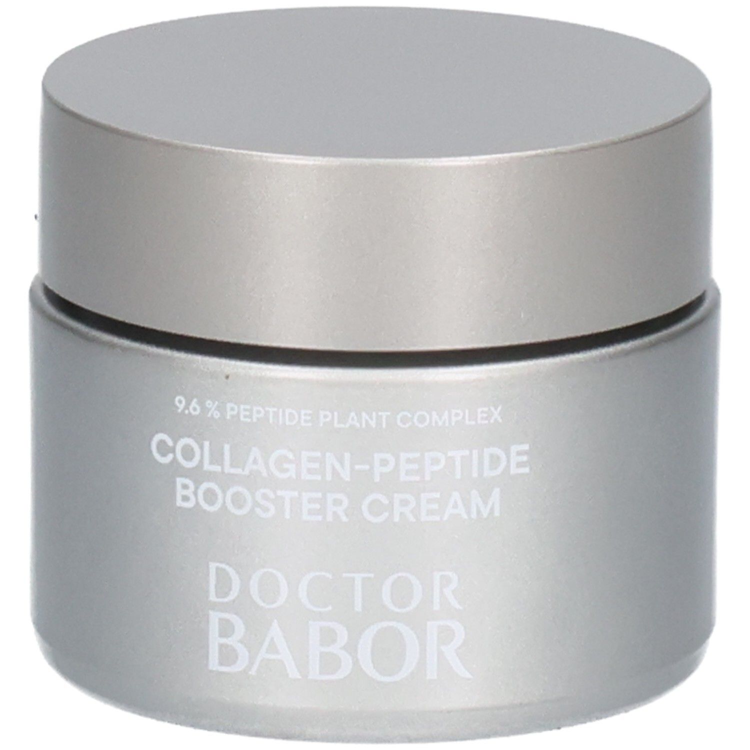 Silberner Tiegel mit silbernem Deckel, DOCTOR BABOR COLLAGEN-PEPTIDE BOOSTER CREAM.