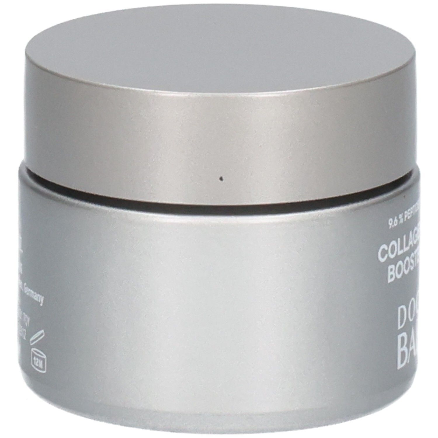 Seitenansicht eines silbernen Tiegels mit silbernem Deckel, DOCTOR BABOR COLLAGEN-PEPTIDE BOOSTER CREAM.