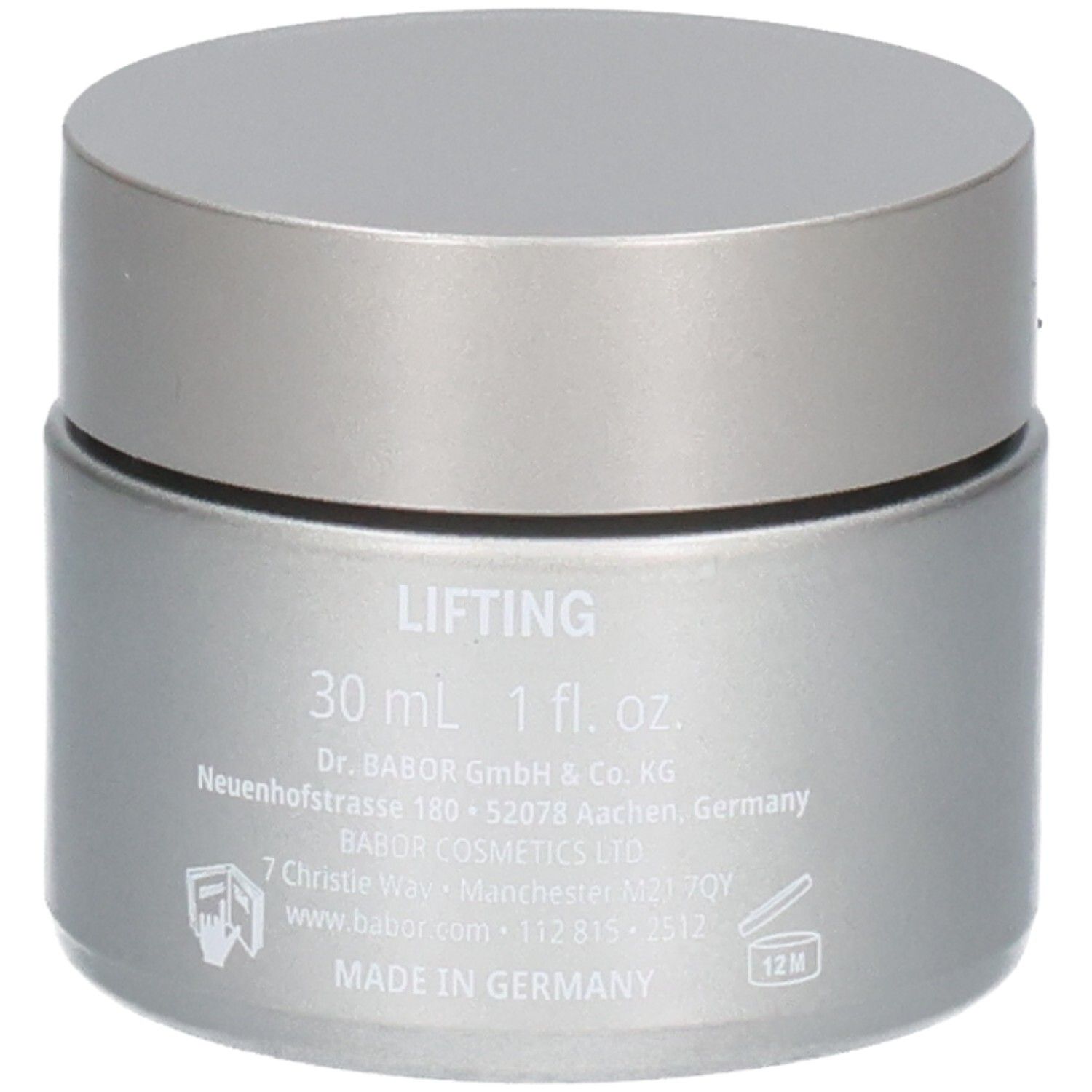 Silberner Tiegel mit silbernem Deckel, 30 ml 1 fl. oz., MADE IN GERMANY.