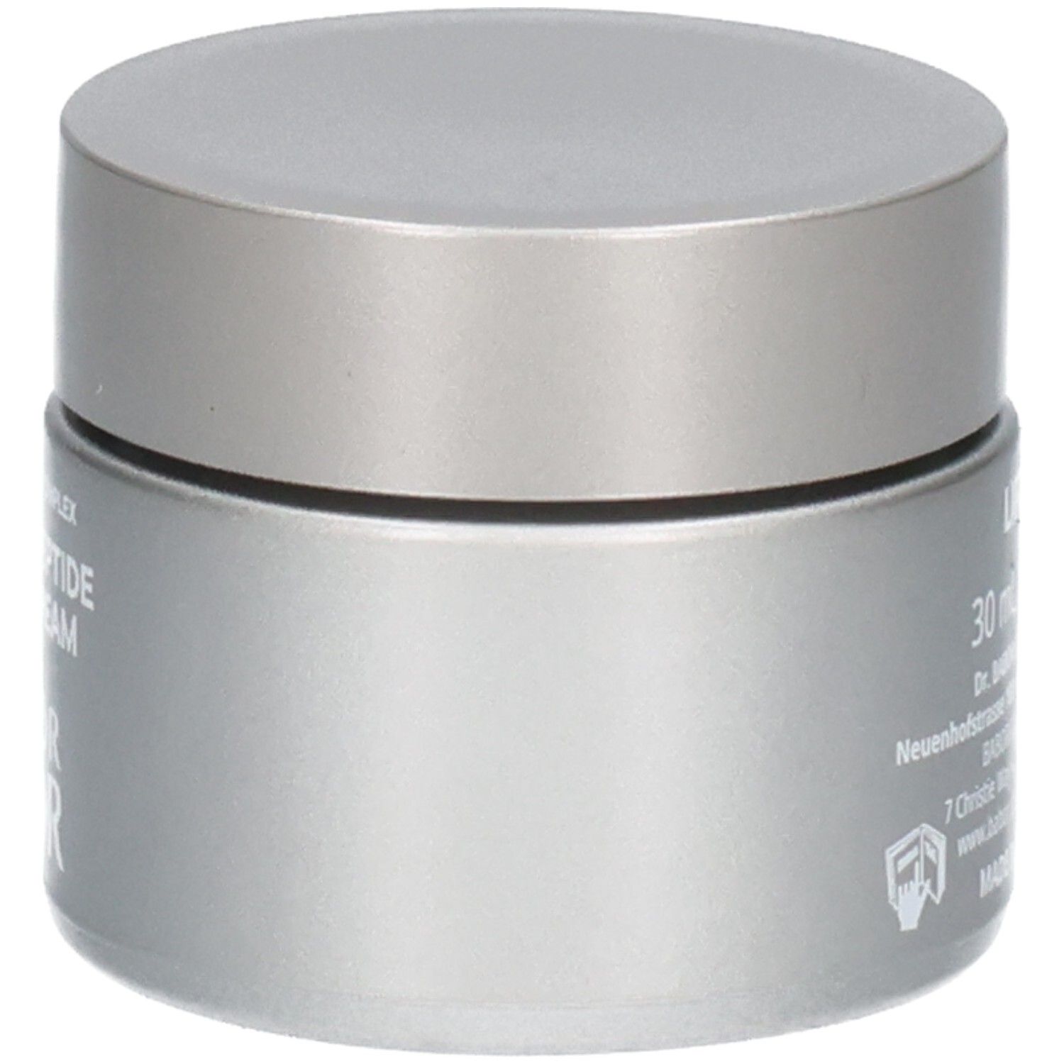Seitenansicht eines silbernen Tiegels mit silbernem Deckel, DOCTOR BABOR COLLAGEN-PEPTIDE BOOSTER CREAM.