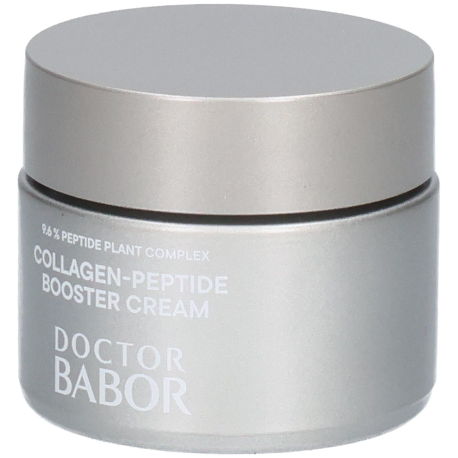 Silberner Tiegel mit silbernem Deckel, DOCTOR BABOR COLLAGEN-PEPTIDE BOOSTER CREAM.
