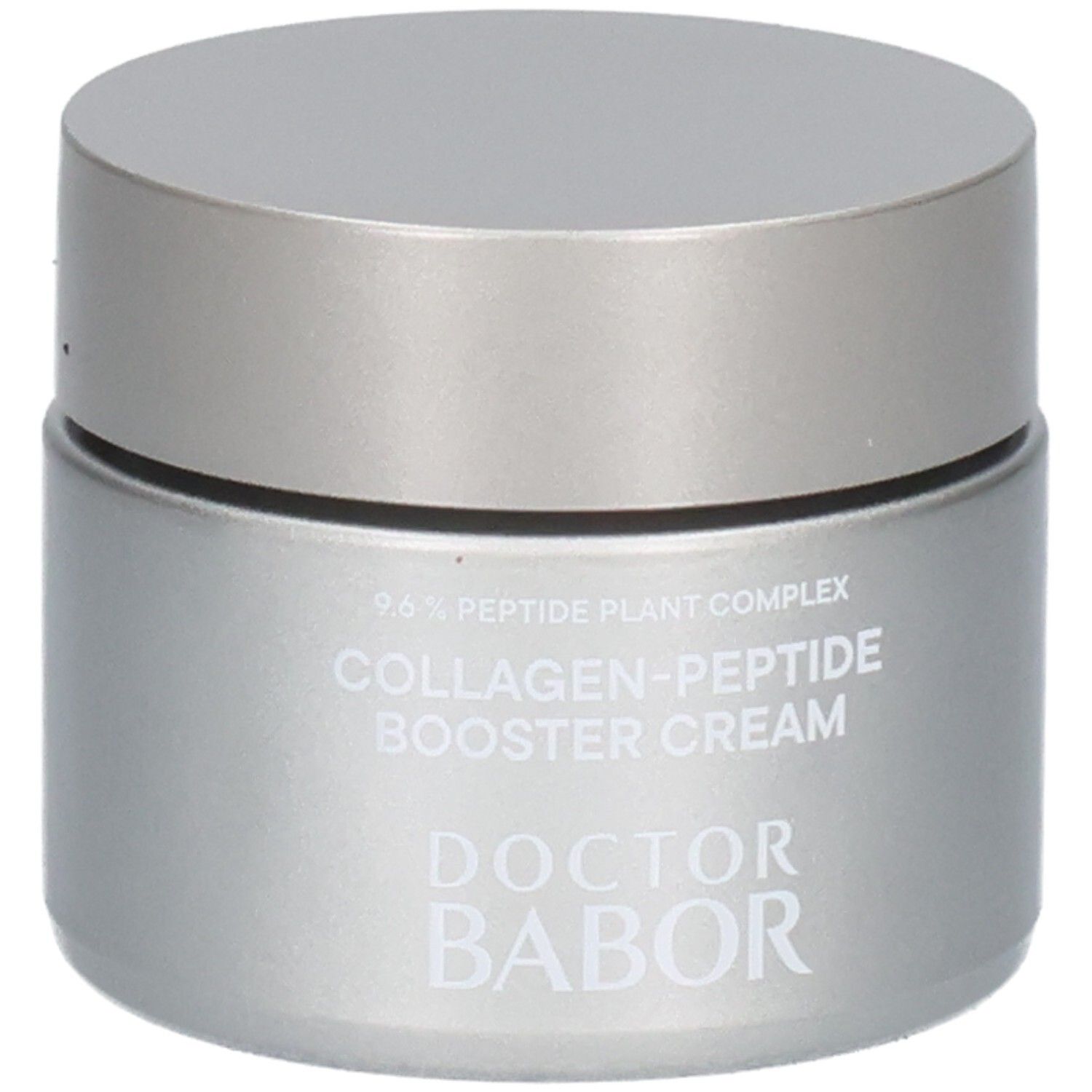 Silberner Tiegel mit silbernem Deckel, DOCTOR BABOR COLLAGEN-PEPTIDE BOOSTER CREAM.
