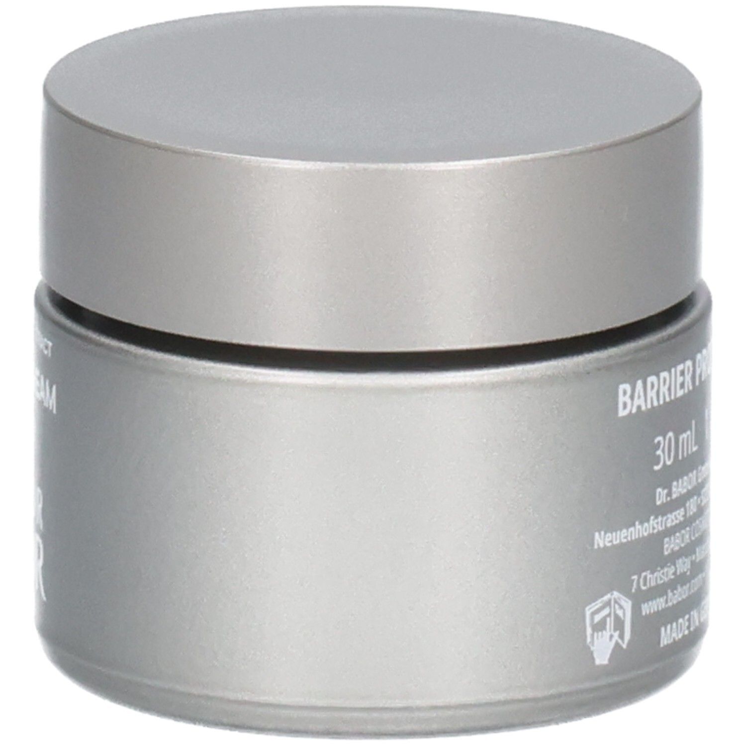 Seitenansicht des Tiegels Doctor Babor The Cure Cream mit Beschriftung 'Barrier Protecting' und Mengenangabe.