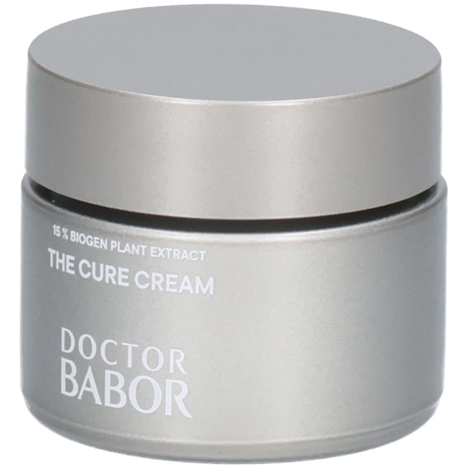 Doctor Babor The Cure Cream in silbernem Tiegel. Enthält 15% Biogen Pflanzenextrakt. Beschriftung gut sichtbar.