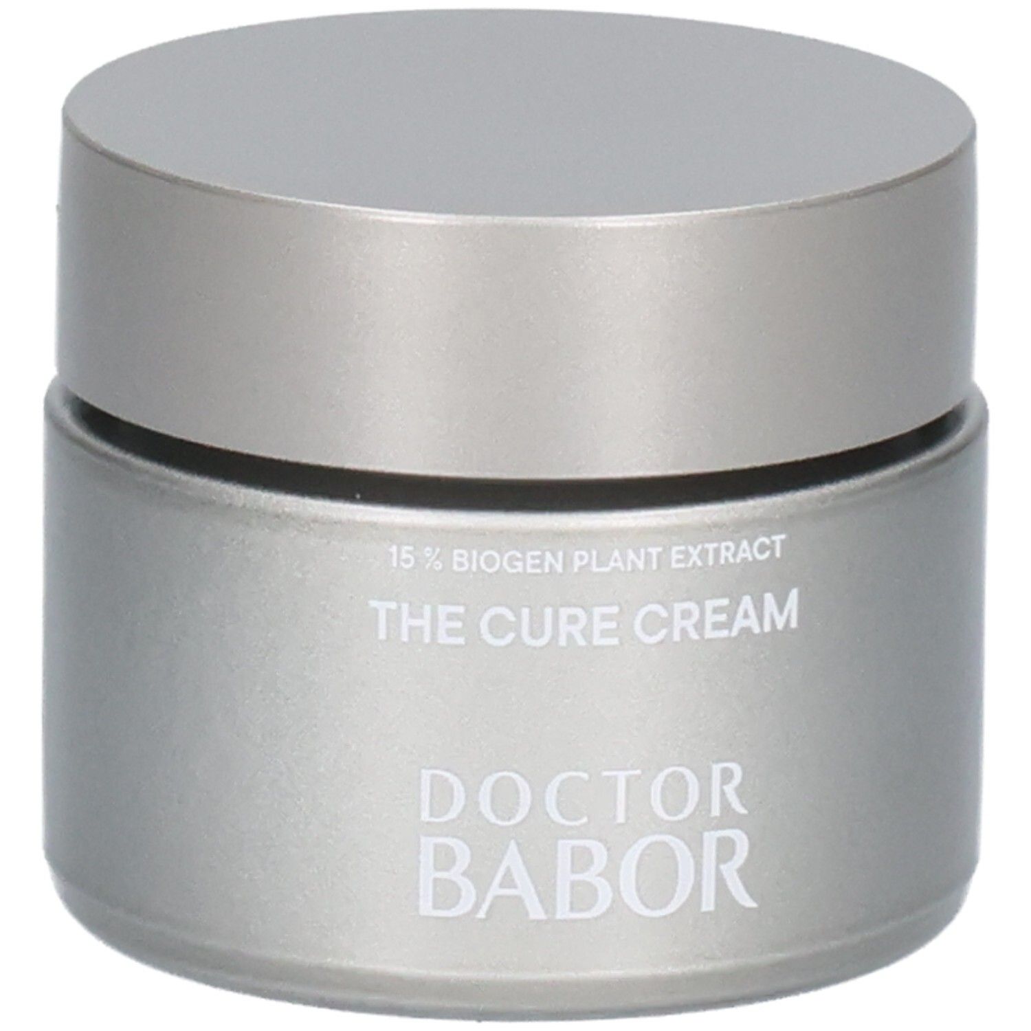 Doctor Babor The Cure Cream, silberner Tiegel mit silbernem Deckel. Deutlich lesbare Produktbezeichnung.