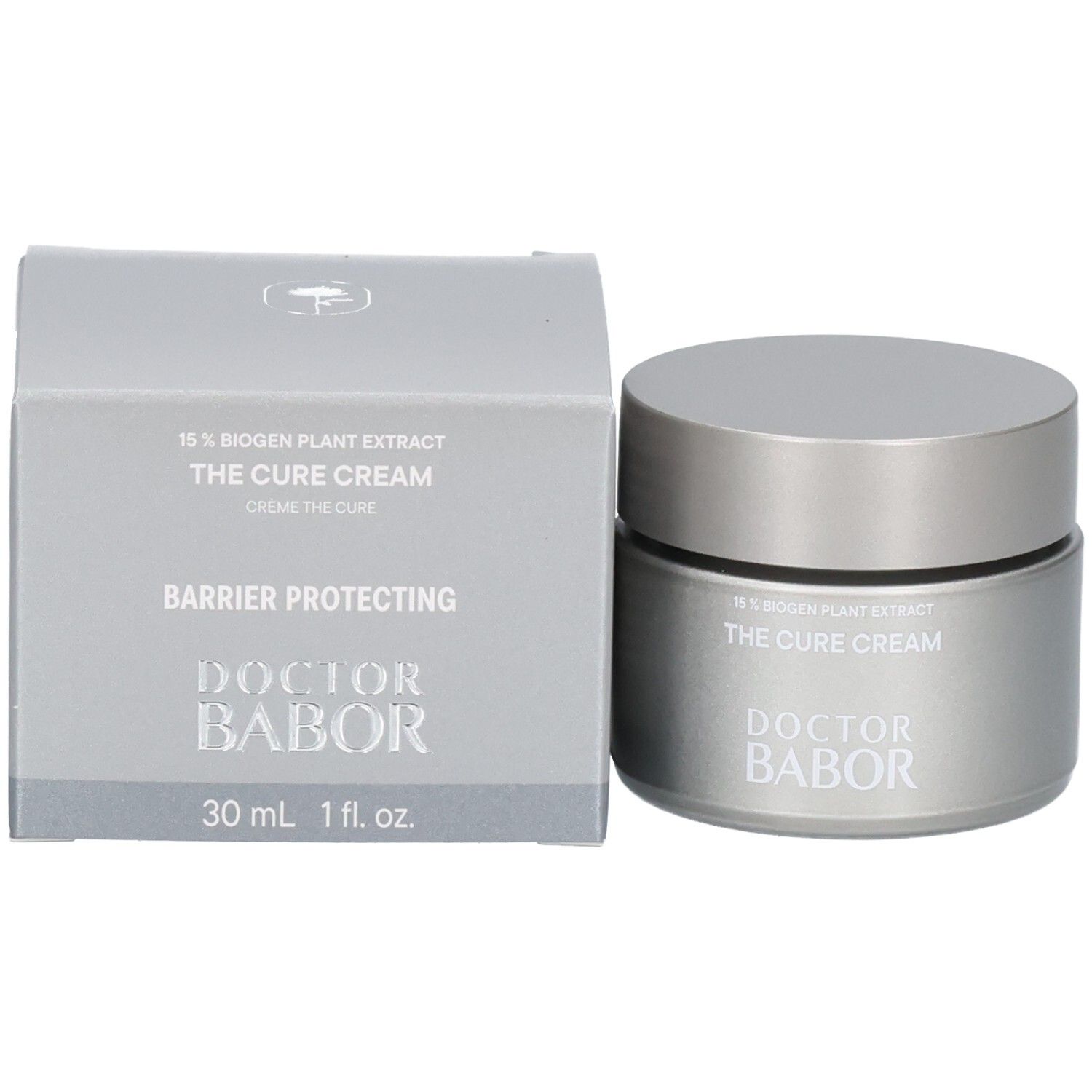 Doctor Babor The Cure Cream Tiegel neben der silbernen Produktverpackung. Beide mit gleicher Beschriftung.