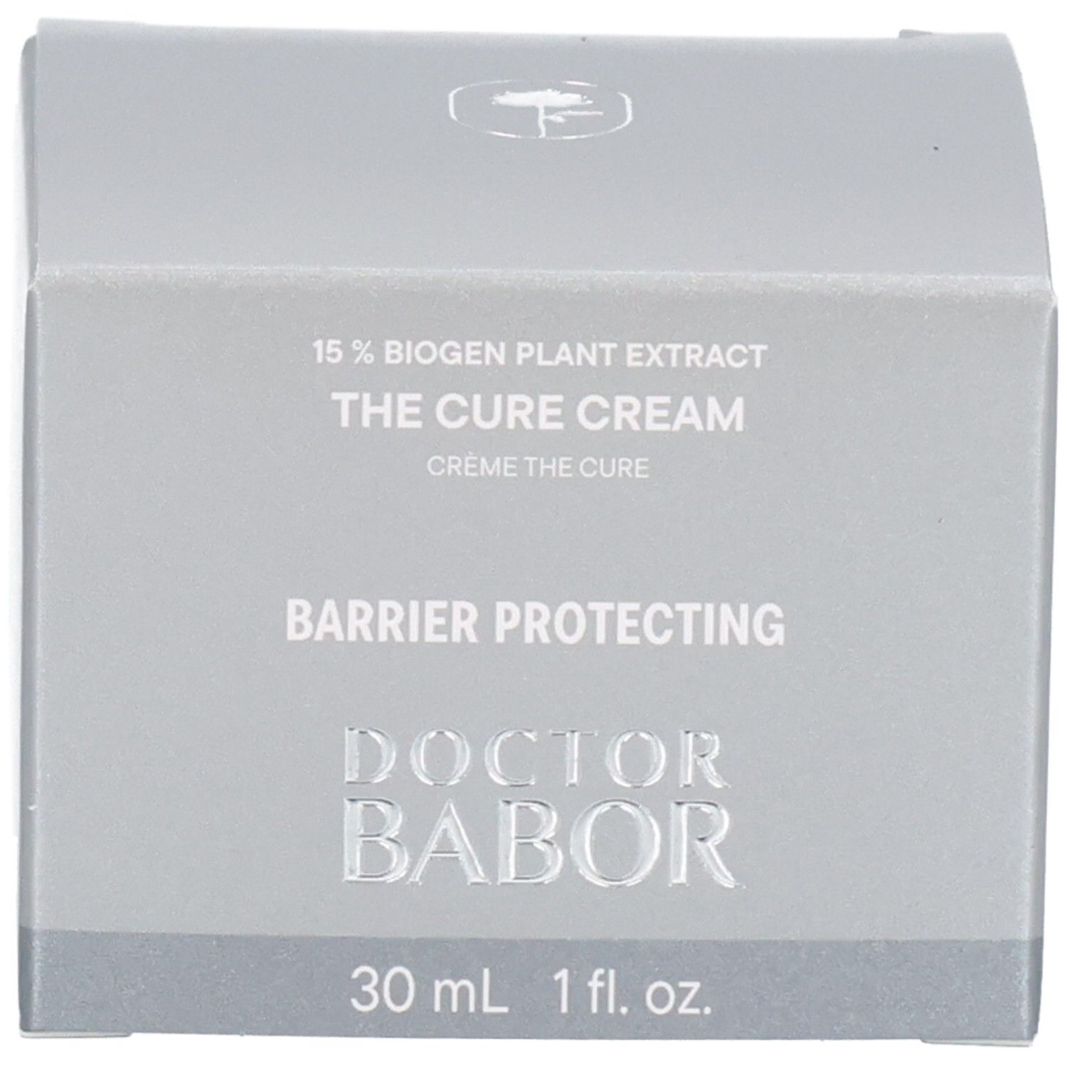 Silberne Produktverpackung von Doctor Babor The Cure Cream. Enthält 30 ml / 1 fl. oz. Barrier Protecting.