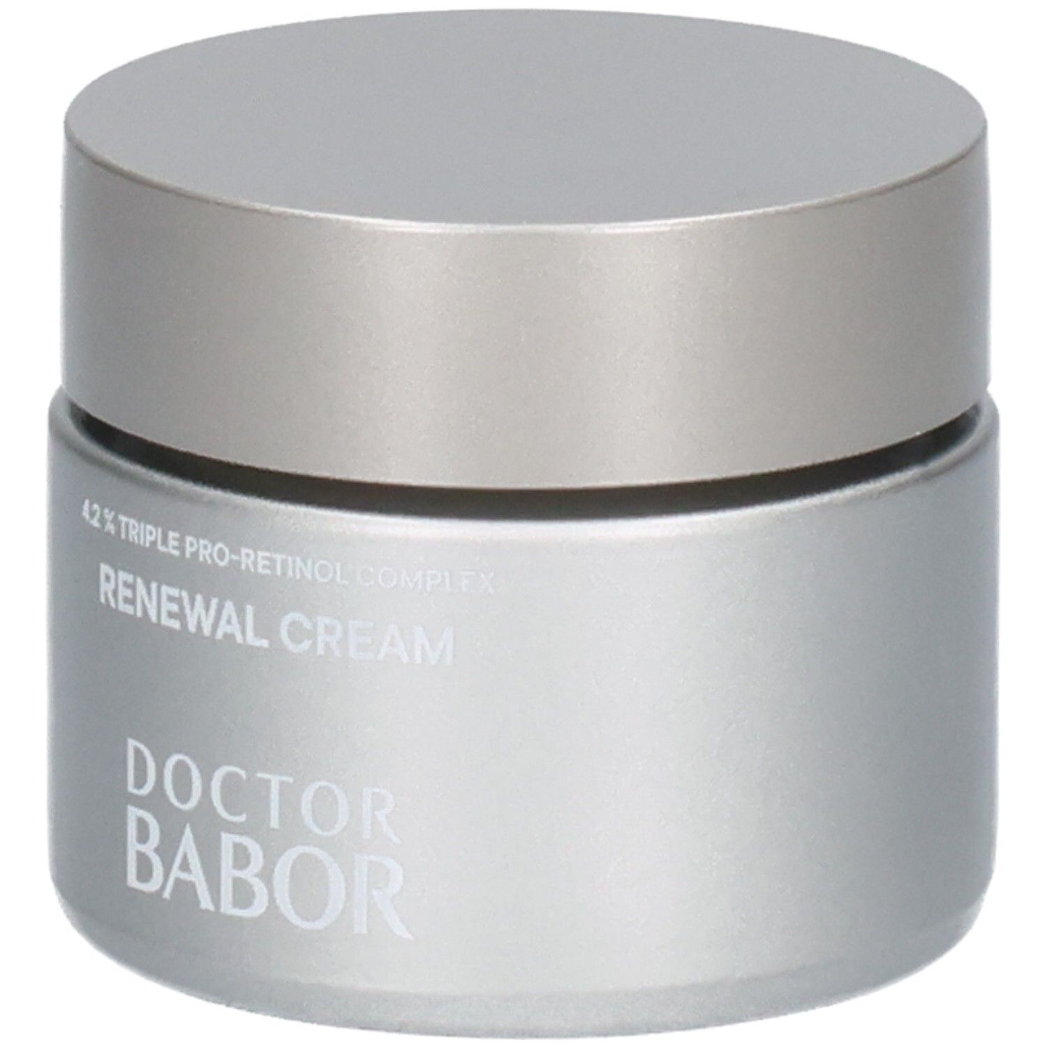 Doctor Babor Renewal Cream in silbernem Tiegel mit silbernem Deckel, Vorderansicht.