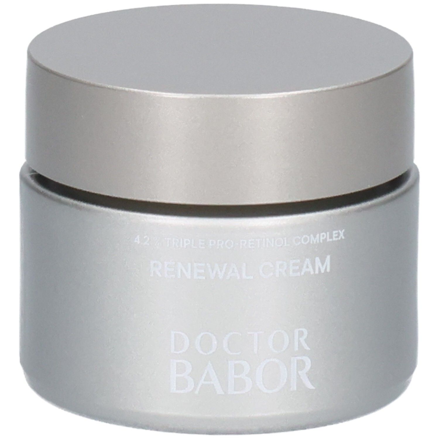 Doctor Babor Renewal Cream in silbernem Tiegel mit silbernem Deckel, leichte Seitenansicht.