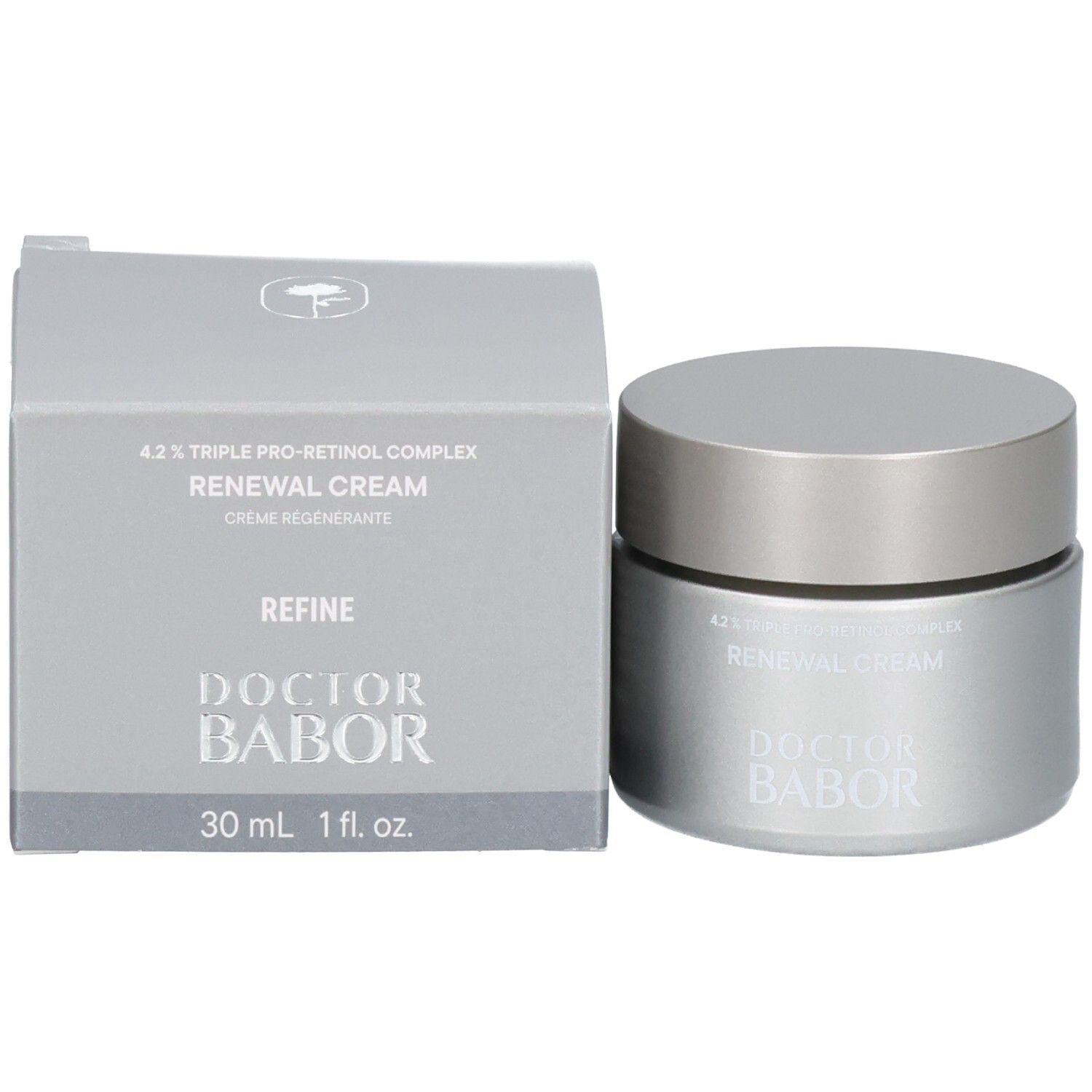 Doctor Babor Renewal Cream Tiegel neben seiner silbernen Verpackungsschachtel.