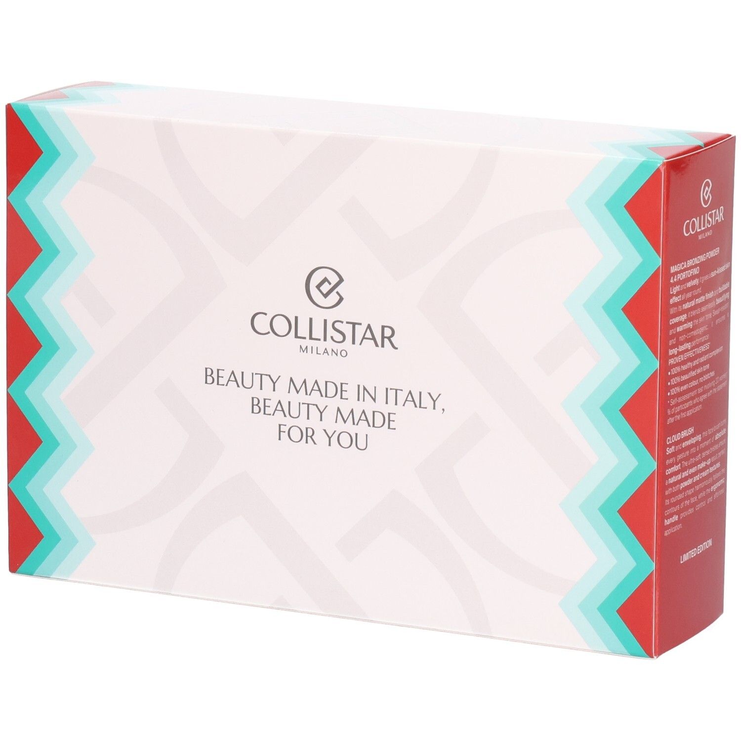 Verpackung mit Logo und Text. Rote und türkisfarbene Zickzack-Muster. Text: Beauty Made in Italy, Beauty Made for You.